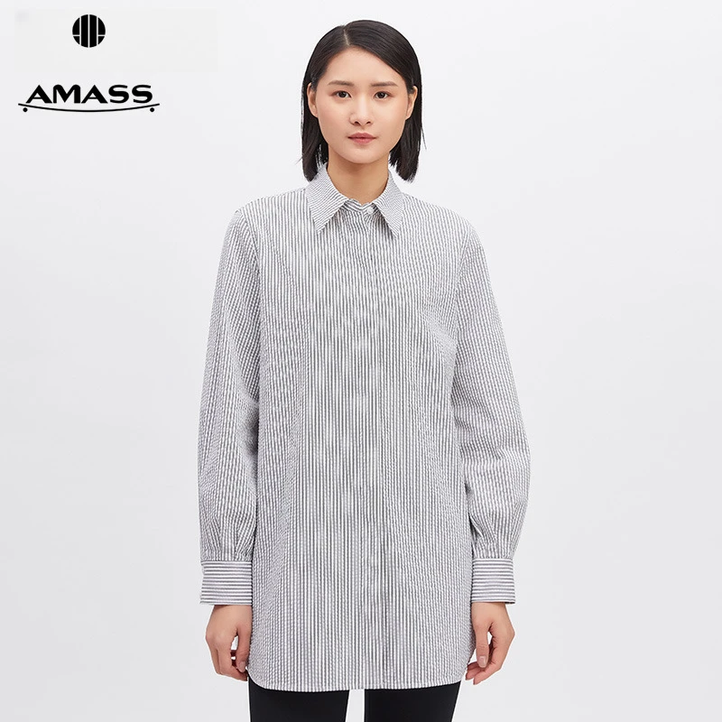 阿玛施AMASS新款女装减龄时髦通勤百搭宽松男友风条纹衬衫5300701