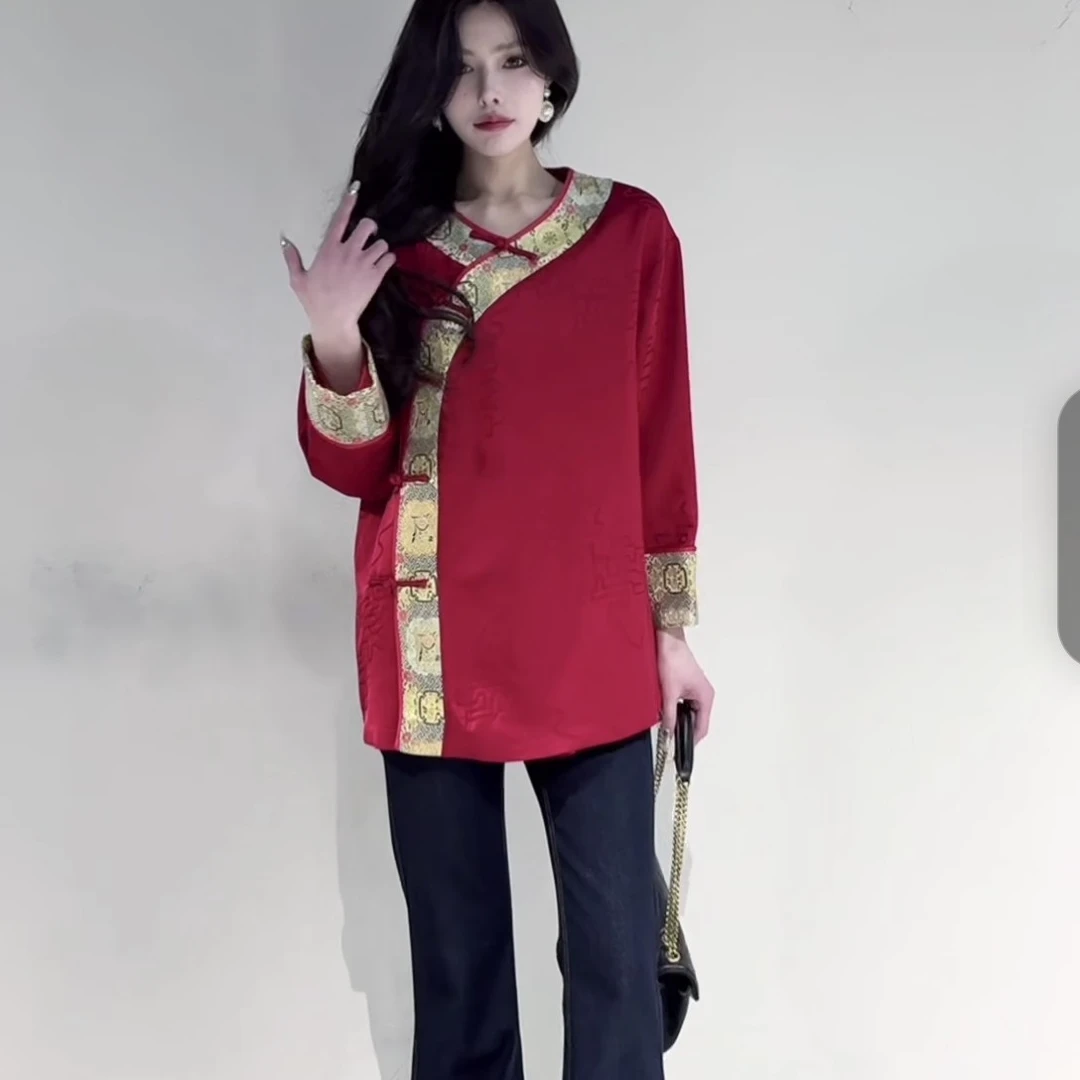 新国式国风唐装中国红上衣