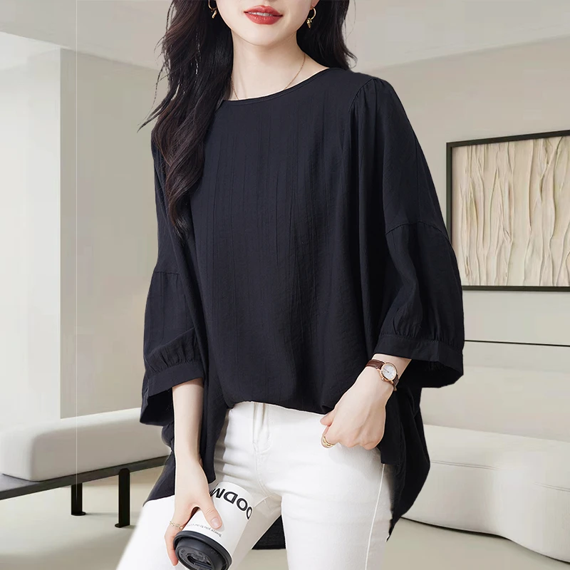 法式黑色圆领T恤女士2025夏季新款木耳边树皮皱插肩袖显瘦上衣