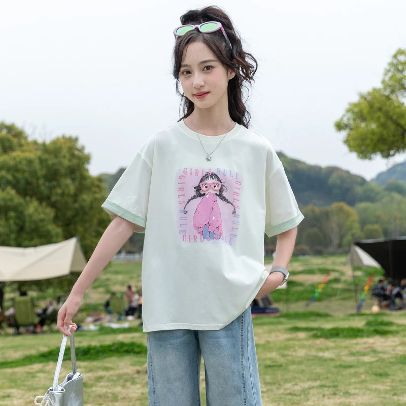 女童短袖t恤夏装2025新款初中生女孩洋气穿搭女大童夏季薄款上衣