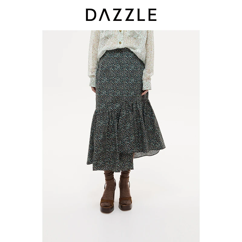 DAZZLE 地素裙25秋新款黑色不对称花布长裙2J3S429