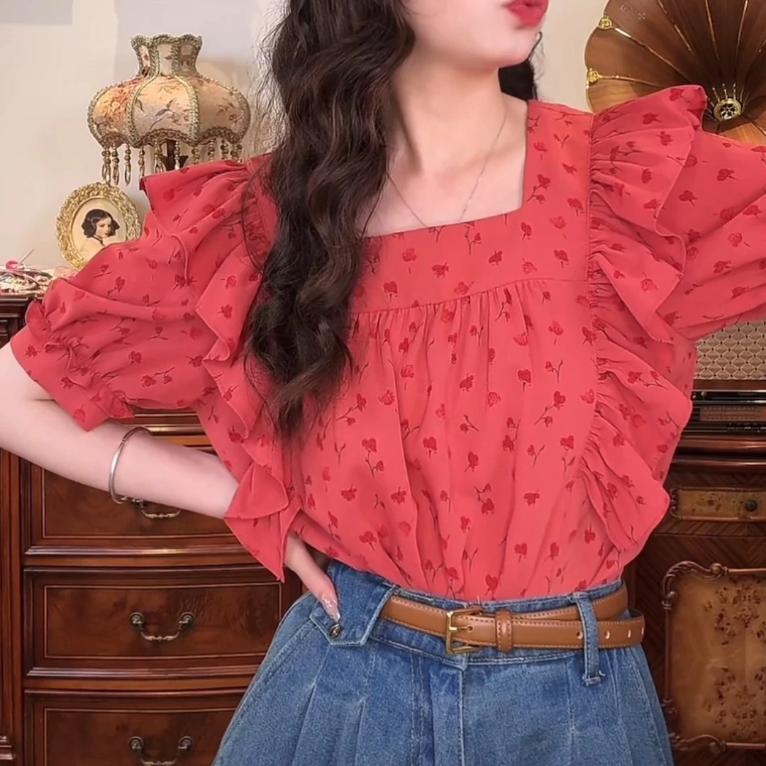 法式小碎花雪纺衬衫女夏季2025新款设计感小众别致洋气荷叶边上衣