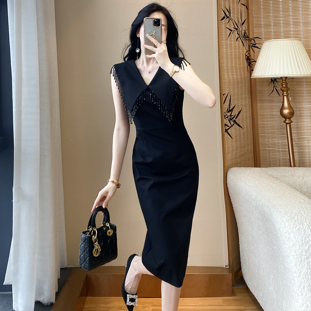 高档次女士修身显瘦连衣裙气质轻奢女装OL中长款夏季时髦小黑裙女