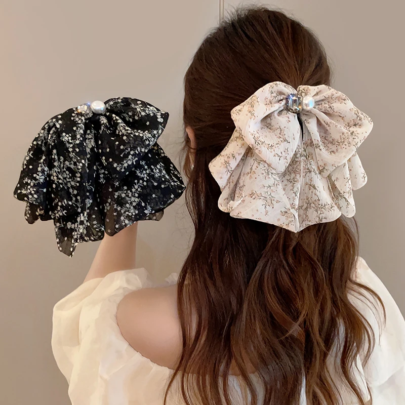 仙气雪纺碎花抓夹甜美半扎发夹显发量2025新款后脑勺马尾夹鲨鱼夹