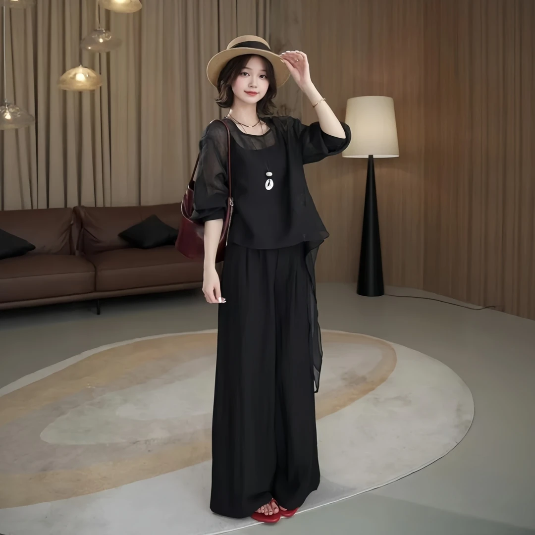透气显瘦网纱女士套装2025秋季大码胖MM时尚新款气质搭配三件套
