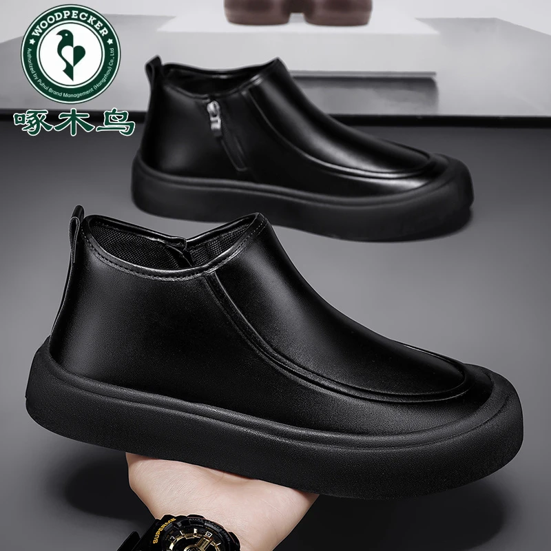 【正品啄木鸟】男士黑皮短靴休闲鞋一脚蹬驾车鞋百搭防滑耐磨皮鞋男