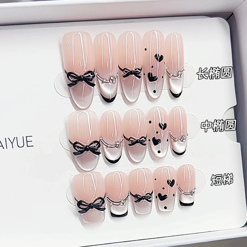 【暗黑蝴蝶结】纯手工穿戴甲夏季新款手绘爱心气质猫眼美甲贴片