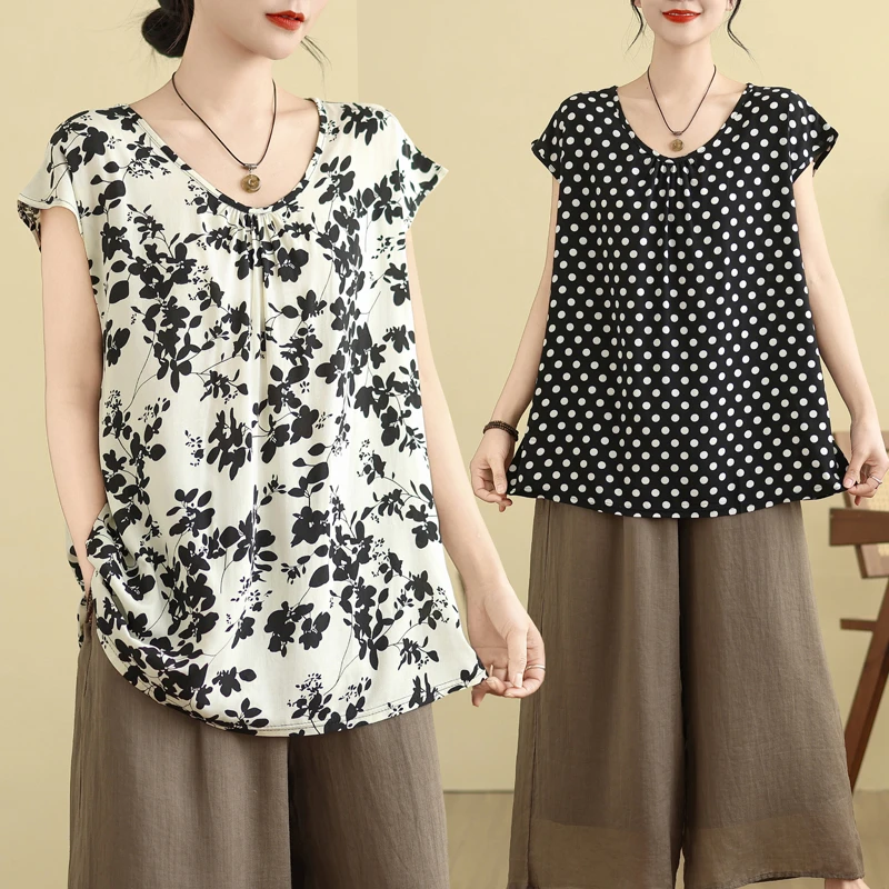 宽松型飞袖常规款圆领T恤洋气外穿印花套头中老年无袖绵绸大码女