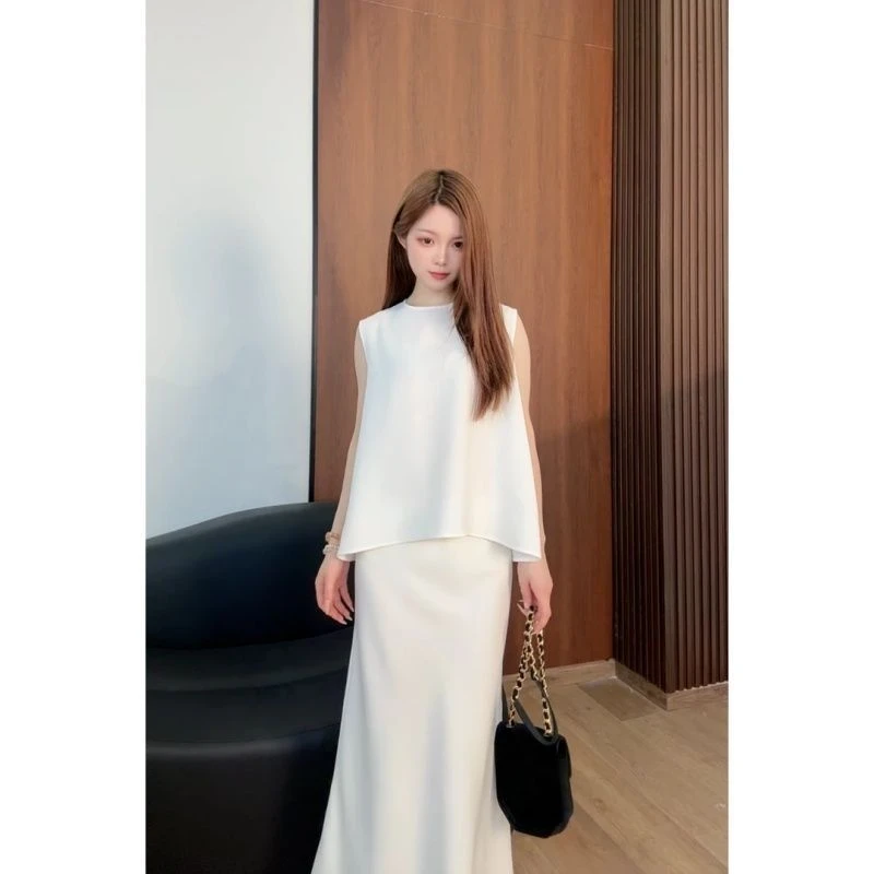 慵懒风轻奢缎面套装女夏季无袖醋酸马甲一整套开叉半身裙两件套