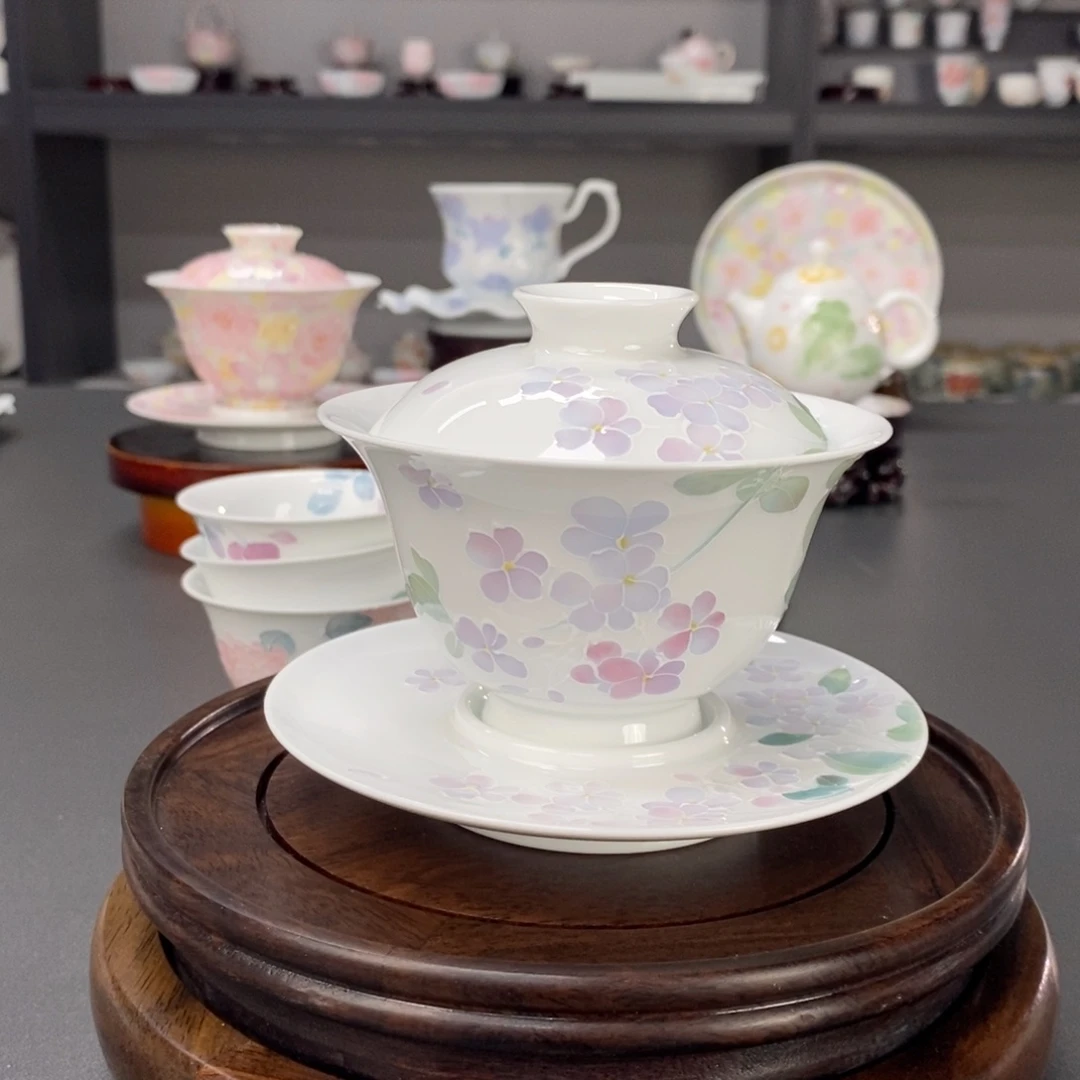 蓝雪花盖碗釉下手绘高温