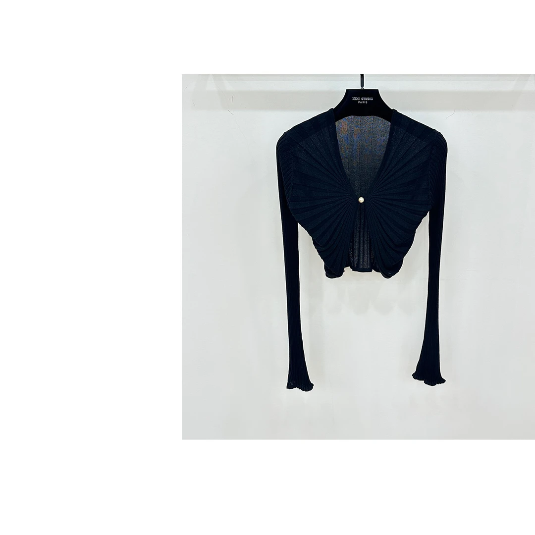 【西西高定】简约v领长袖金丝珍珠扣条纹设计针织开衫