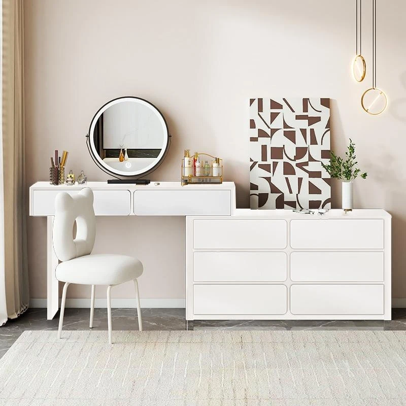 小红马新款轻奢实木岩板雪山白钢琴烤漆梳妆台斗柜一体卧室梳妆台