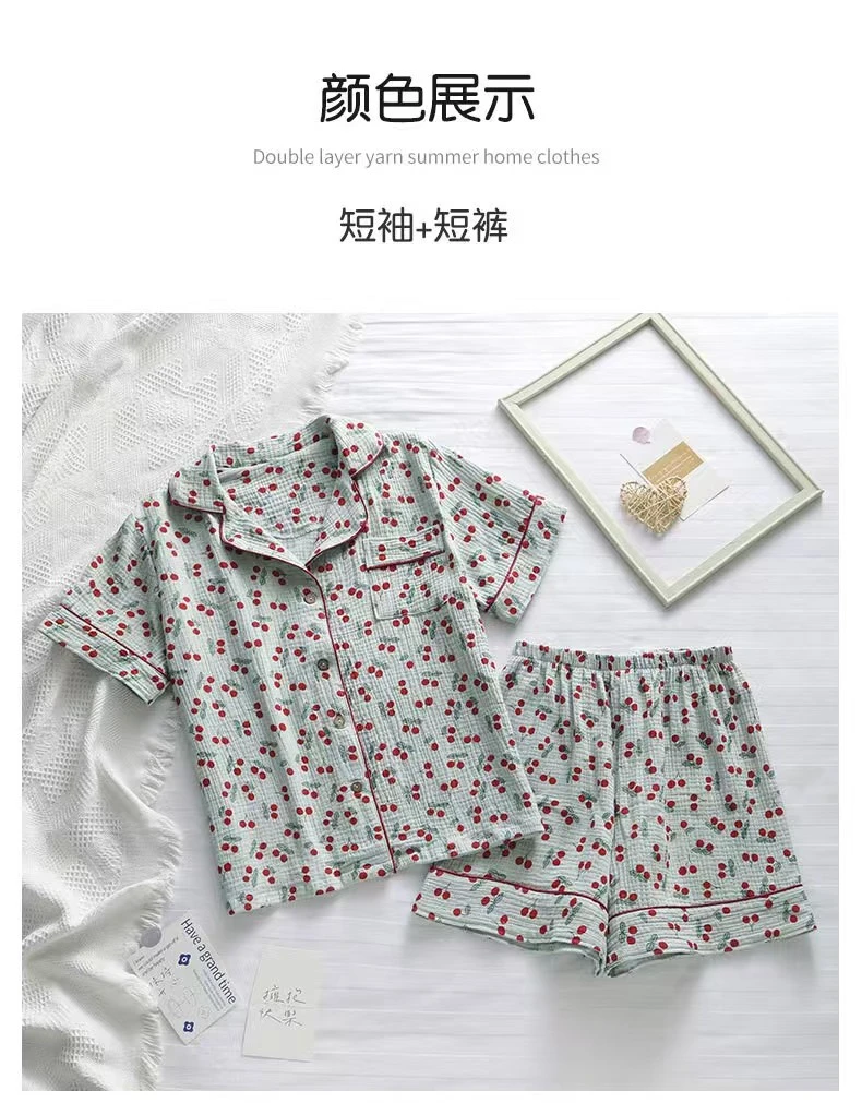 全棉色织A类双层纱高端分体纯棉短袖家居服全棉睡衣套装