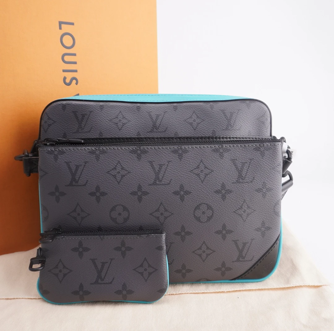 99新 LV 经典老花冰川蓝三合一邮差包单肩斜挎包 F690