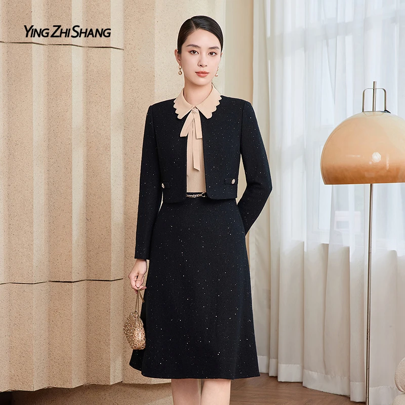 【黑曜鎏金】赢智尚新款黑金羊毛连衣裙时尚显瘦 + 水钻腰链ZF03902