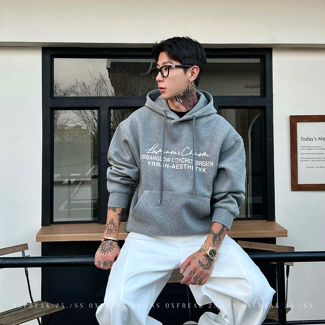 OXFREAK「斑驳手绘字母印花」500g全棉重磅卫衣男连帽宽松秋冬季
