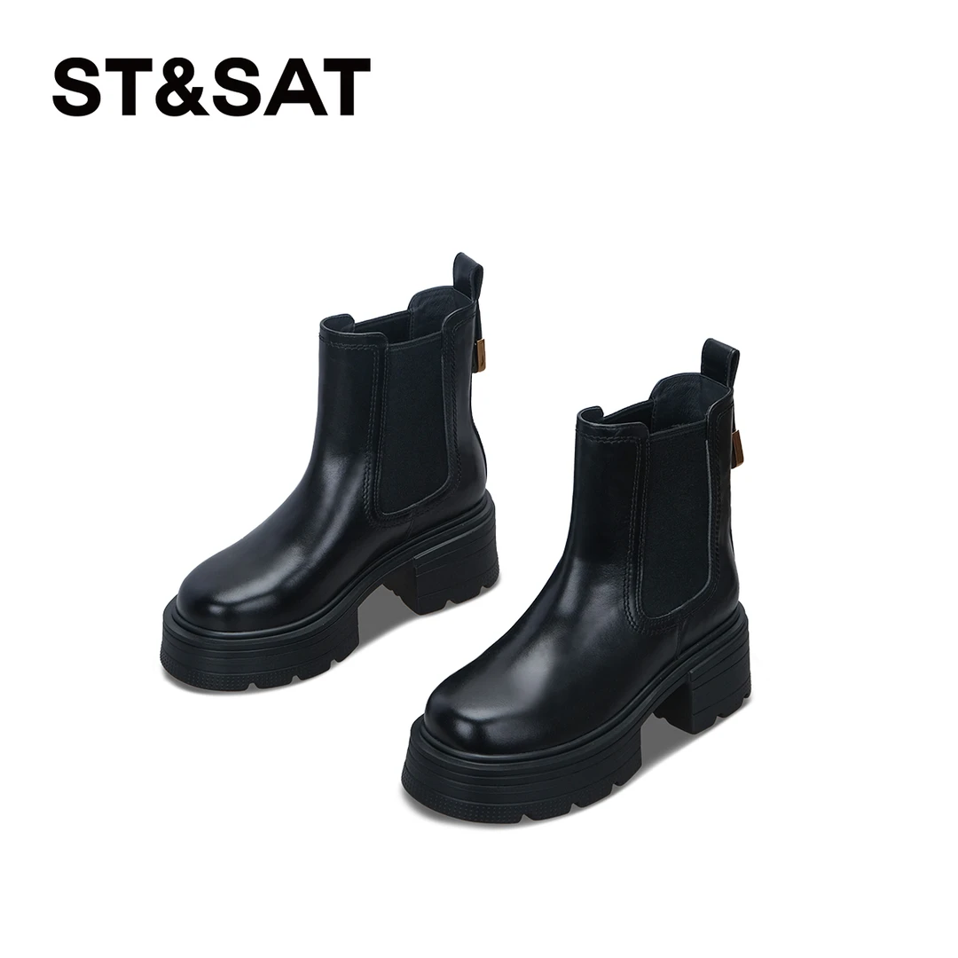 【金标骑士】星期六冬季短靴厚底黑色靴子增高新款爆款中筒时装靴女