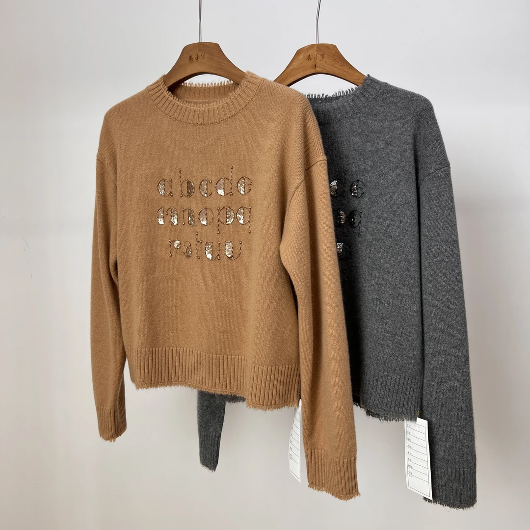 29505山羊绒圆领套头毛衣女重工钉珠流苏边须须边宽松百搭针织衫