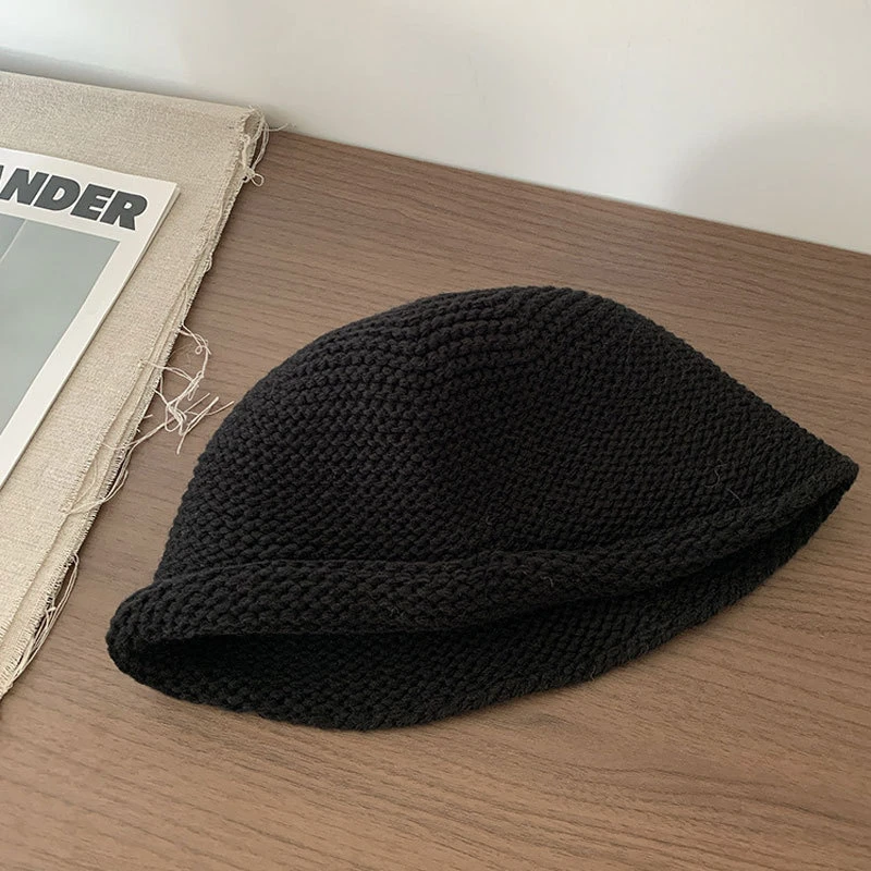 H01出口韩国粗针织卷边渔夫帽女秋冬季羊毛混纺大头围毛线帽保暖