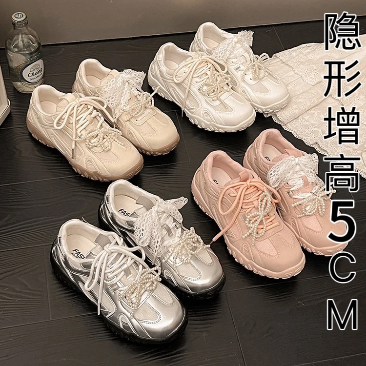 月牙底~蕾丝珍珠带内增高休闲阿甘鞋女法式爆款百搭芭蕾风德训鞋