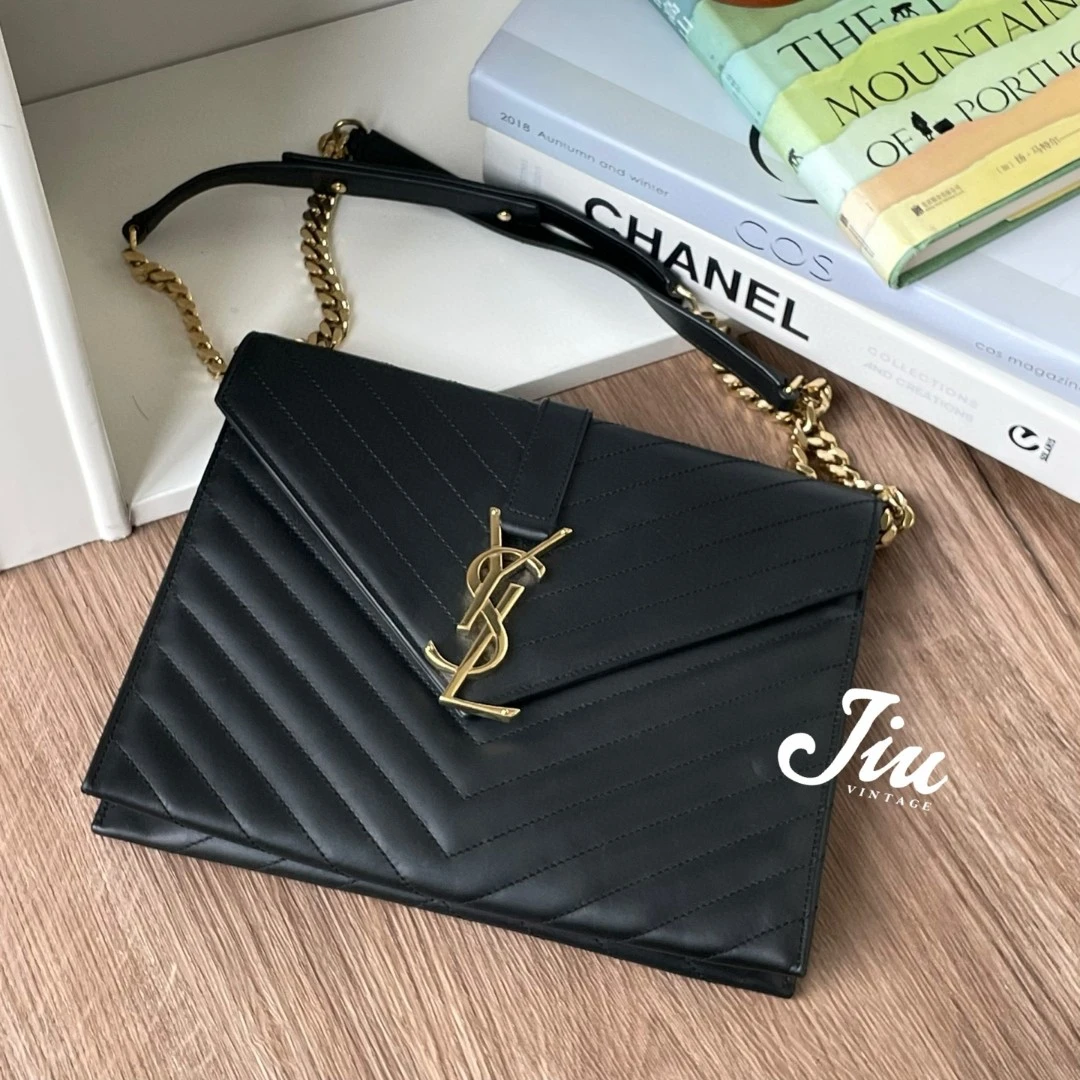 95新 YSL/圣罗兰 黑金大号V纹信封邮差包 CJM13-0235