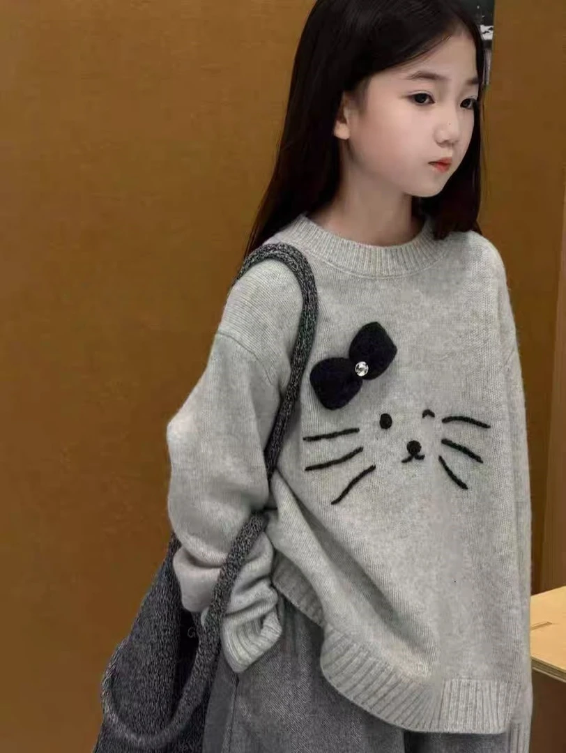 品牌童装女童羊毛混纺猫咪毛衣2025新款儿童洋气蝴蝶结套头上衣潮