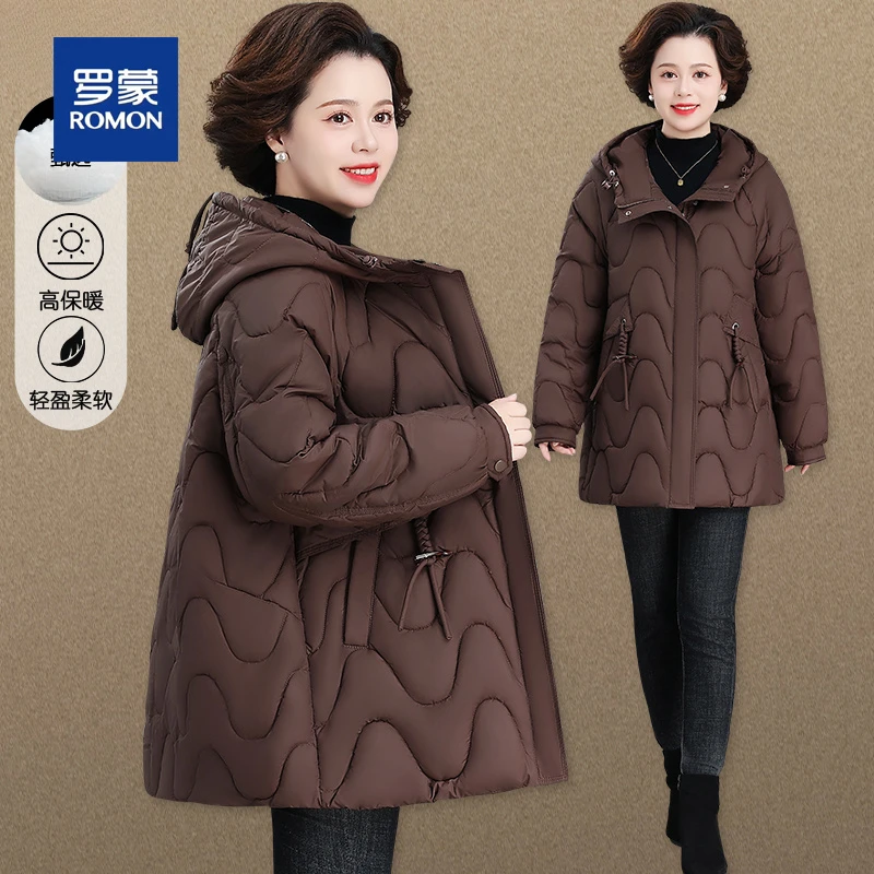 罗蒙妈妈冬装棉服50岁60中老年连帽保暖外套女奶奶装棉袄大衣女