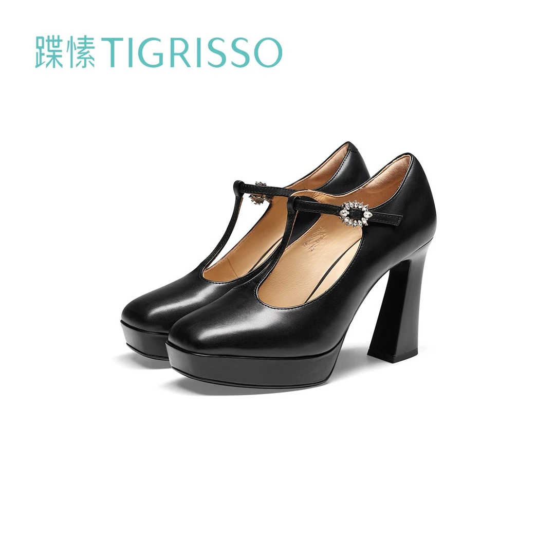 蹀愫夏新款T字带百搭黑色浅口防水台超高跟玛丽珍鞋女TA54110-11