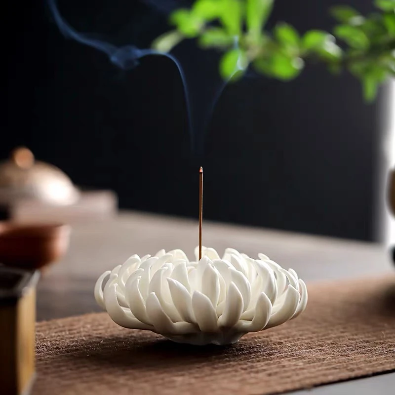 手工陶瓷菊花线香插香炉室内熏香家用饰品香座香托香薰炉香座摆件