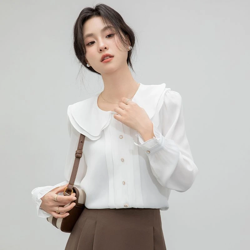 轻熟风长袖衬衫女宽松打底衬衣白色设计感上衣甜美娃娃领气质小衫