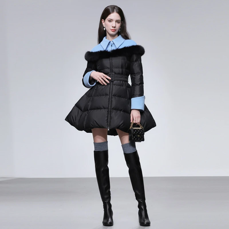 轻奢撞色毛呢拼接狐狸毛条长袖收腰A字大摆羽绒服外套GC10135983