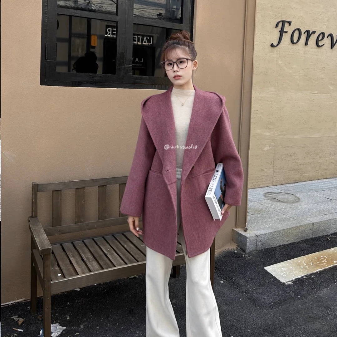 【琳大小姐专属】242双面羊毛大衣洋气韩版减龄连帽休闲毛呢外套