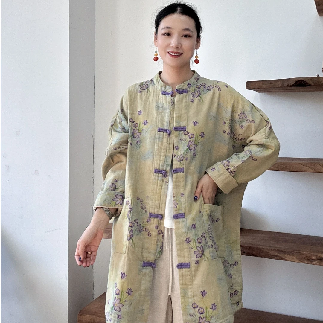 秋季新款印花外套拼接中国风厚款中长款复古新中式宽松外搭9308