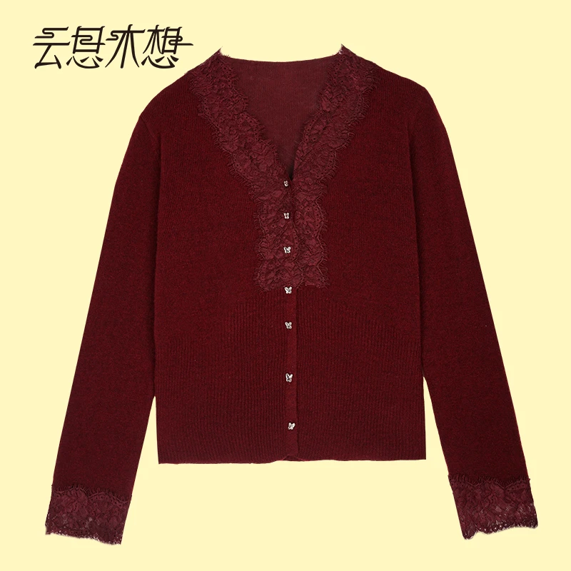 Ysimo-X云思木想 梦月灵蝶 羊毛山羊绒混纺软糯V领毛针织衫12890