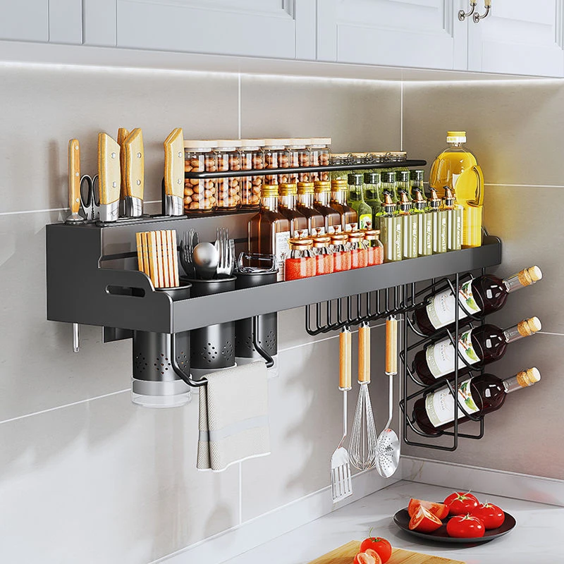 厨房置物架免打孔壁挂家用筷子刀架调味料收纳架一体带挂篮