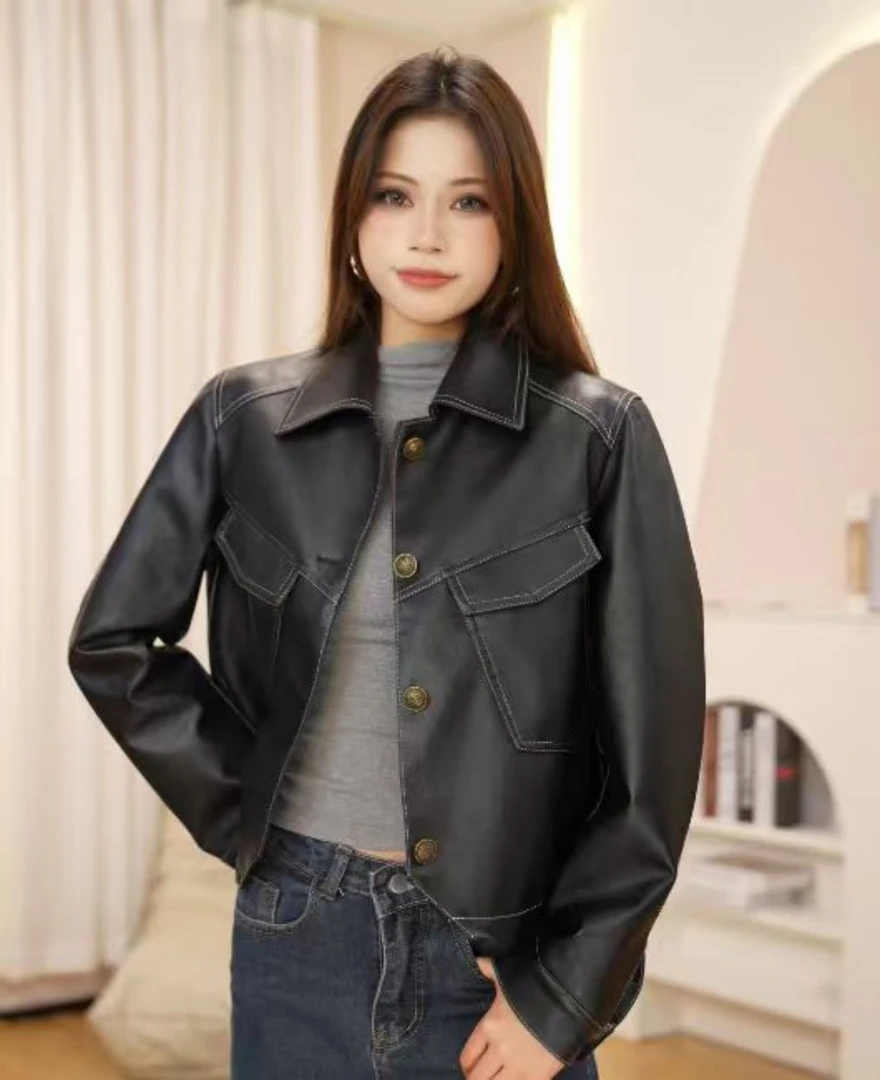 2025爆款撞色明线皮衣女秋冬短款显瘦机车风女士皮夹克小香风外套