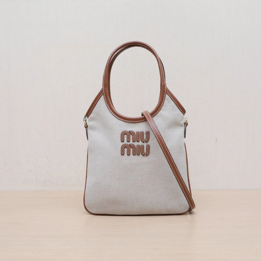 99新 MIU MIU/缪缪 小花柳IVY mini 托特 20CM 米色 帆布 金扣
