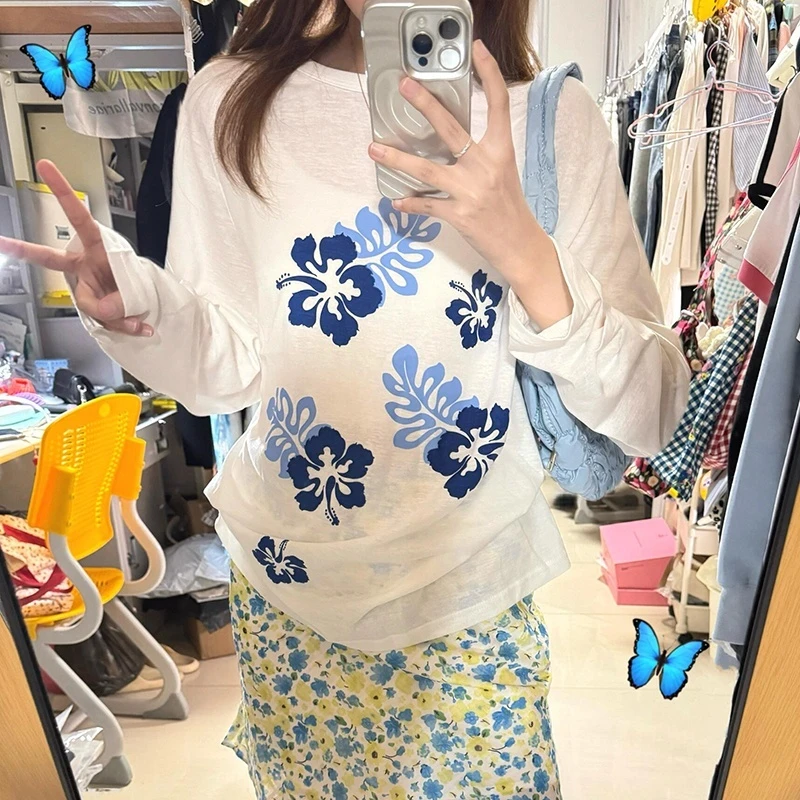 慵懒风印花长袖t恤女夏季设计感薄款防晒罩衫宽松百搭微透ins上衣