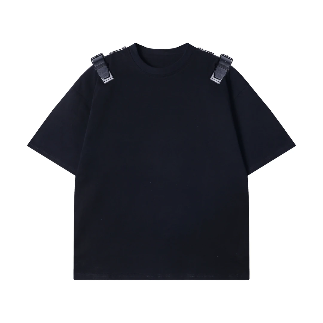 夏季高级感新款宽松暗黑肩部皮扣拉链质感百搭休闲圆领气质上衣