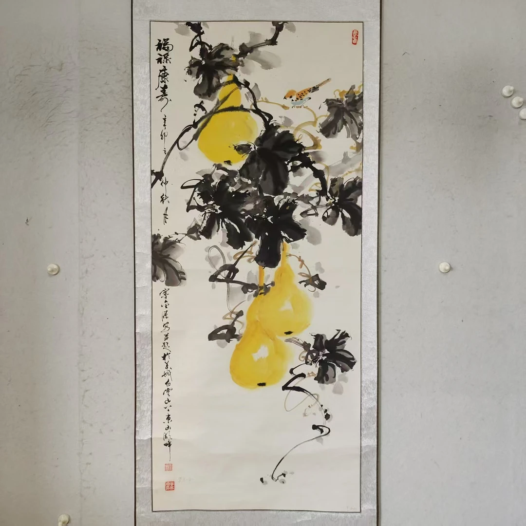 213  多年前纯手绘老字画《葫芦》中堂  尺寸 136×58