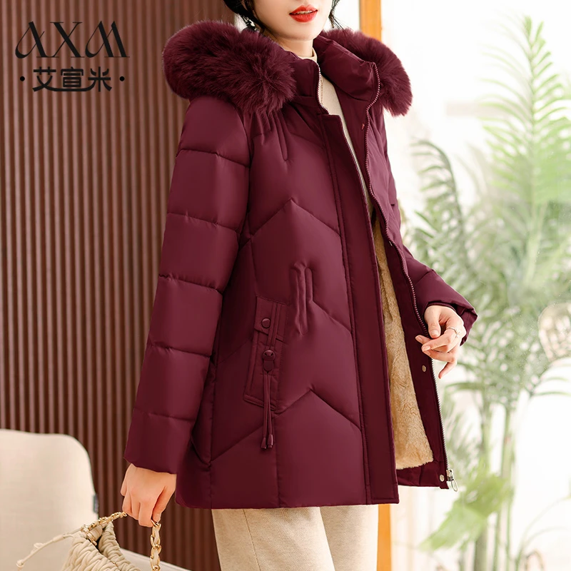 中年妈妈冬装加绒加厚棉服中长款外套2024新款中老年加厚保暖棉袄