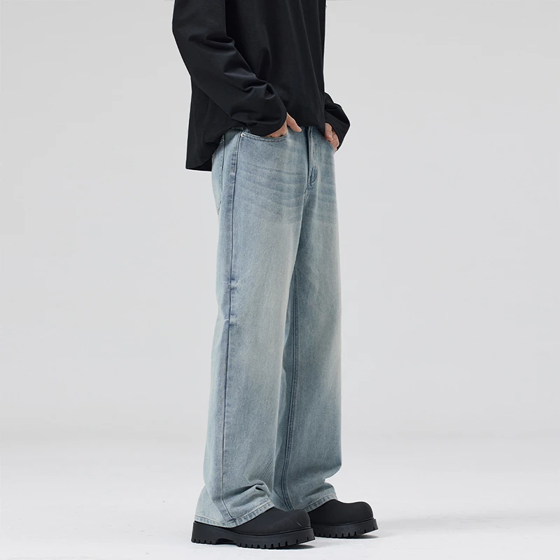 夏季新款冰蓝扎花水洗浅色牛仔裤男直筒宽松百搭男士男生裤子