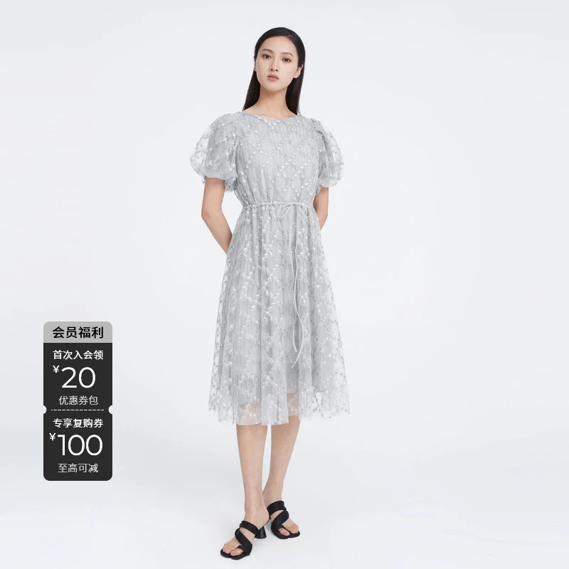 S·DEER优雅时尚气质百搭泡泡袖收腰显瘦仙气网纱连衣裙S223Z1216