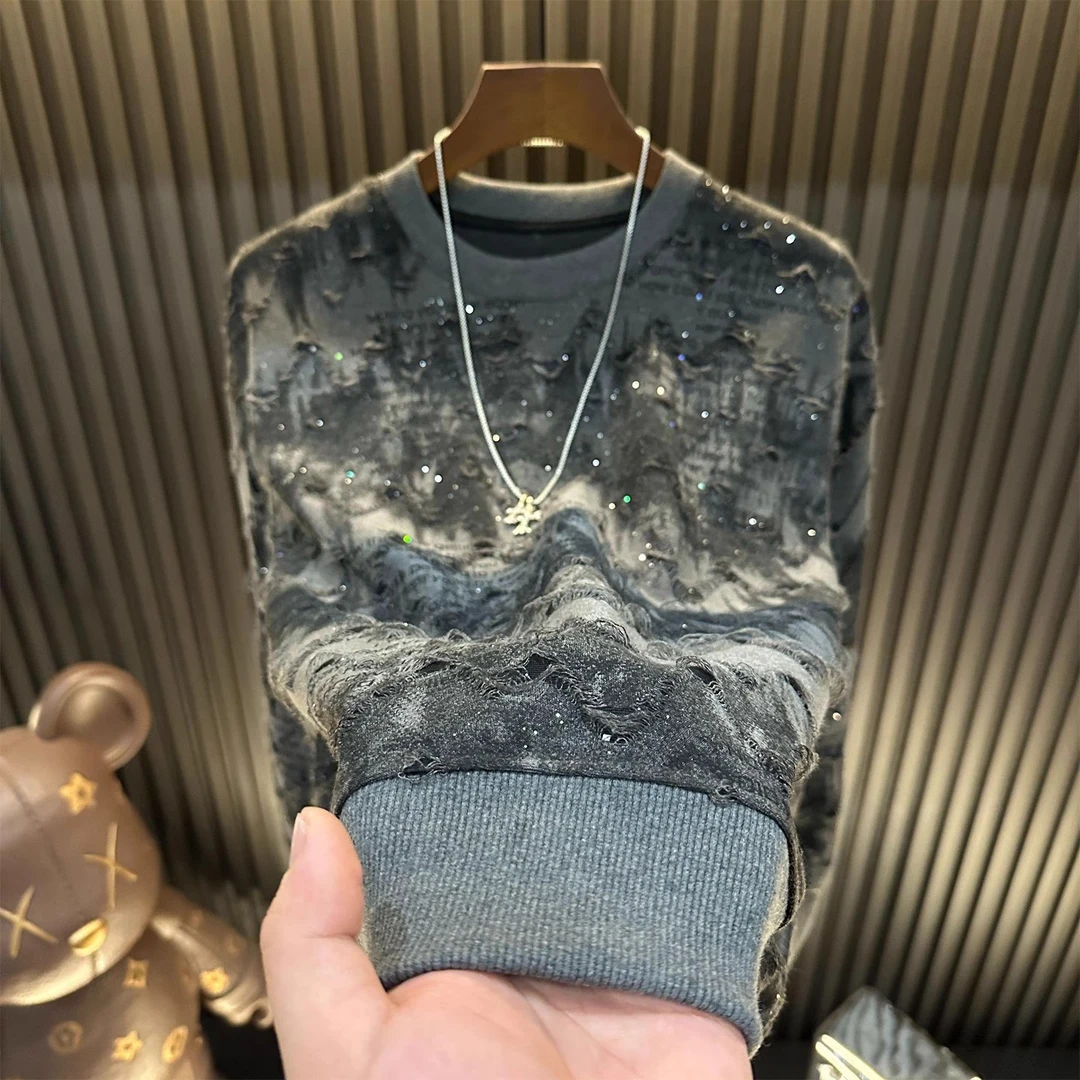 美式破洞满天星圆领长袖卫衣秋季新款男士T恤高级感百搭潮流上衣