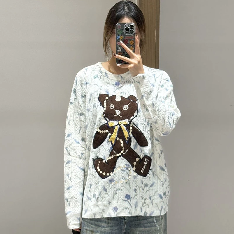 【现货】FORDARE/福蝶25秋冬碎花底珍珠小熊马海毛套头衫