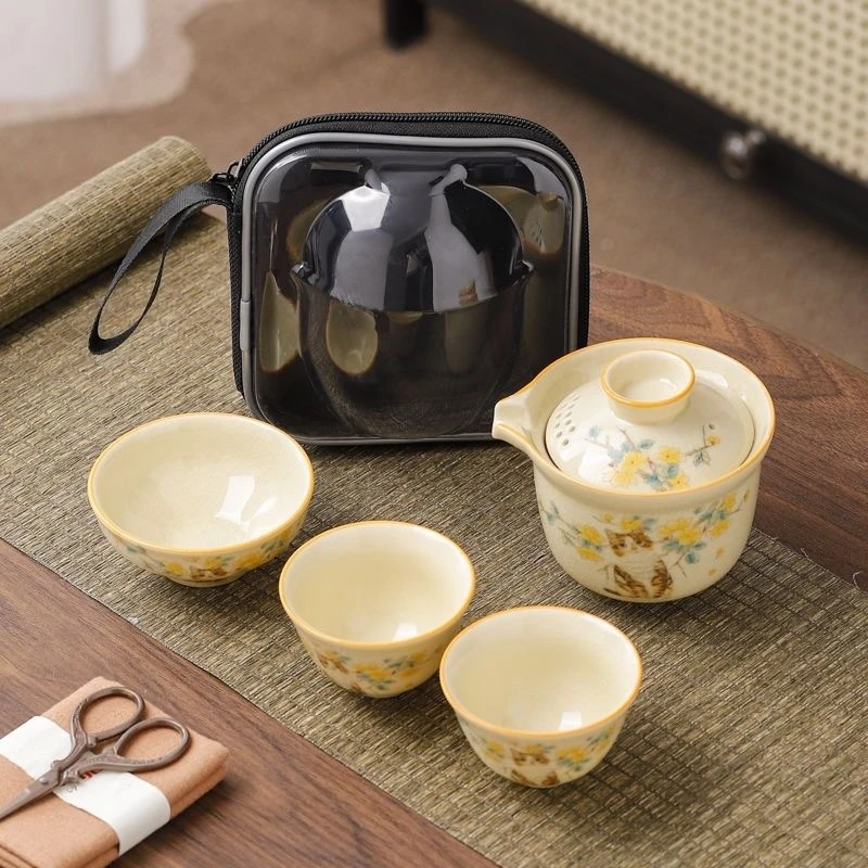C278 黄哥窑旅行茶具套装户外车载露营便携式快客杯功夫茶具轻奢