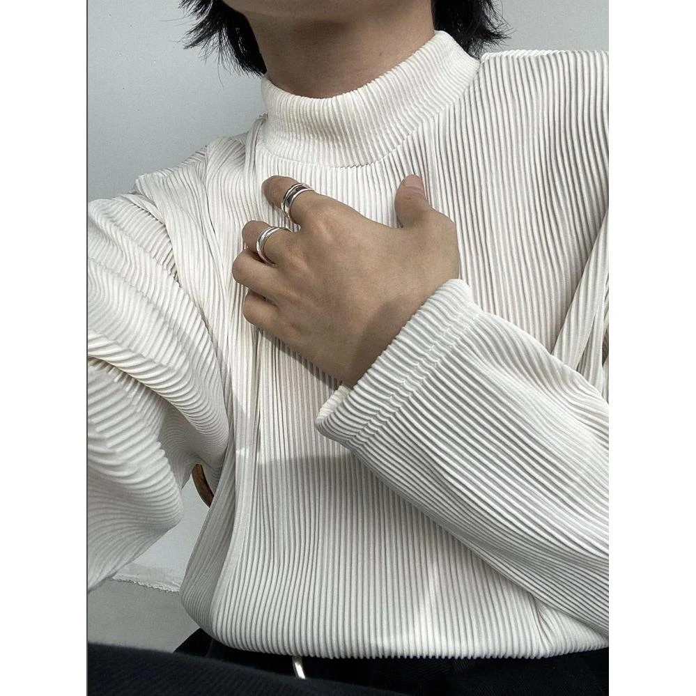 2023半高领t恤男轻熟风宽松长袖百褶坑条内搭打底衫中领上衣2025
