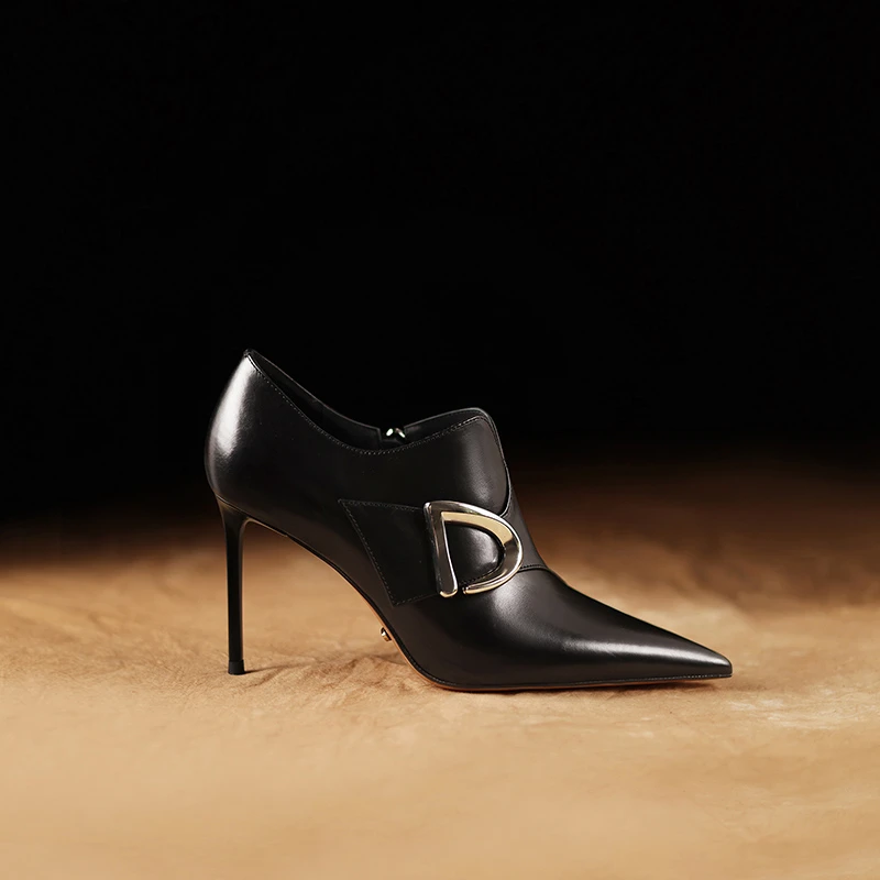 气质尖头细跟深口单鞋高端真皮职业女鞋春季新款黑色高跟鞋百搭
