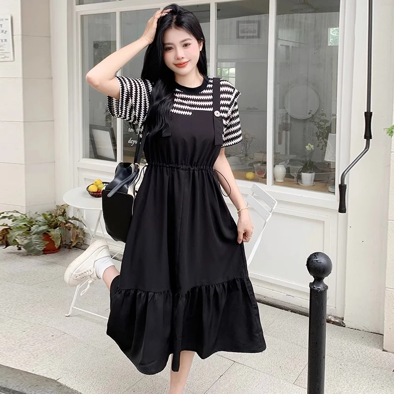 大码女装2025夏季新款高端拼接背带裙胖mm气质减龄遮肚显瘦连衣裙