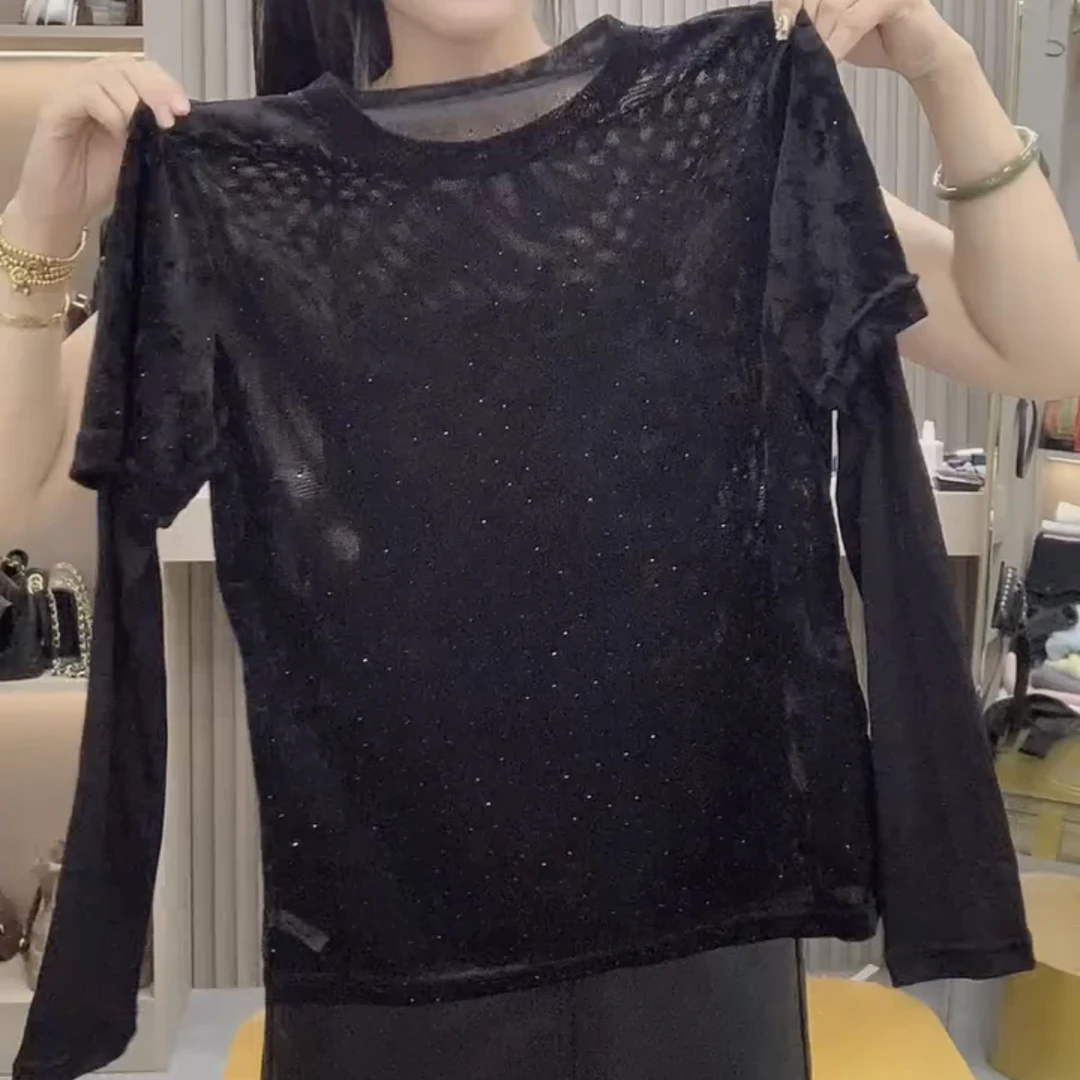 黑色圆领长袖修身型常规褶皱拼接打底衫T恤网红时尚显瘦百搭